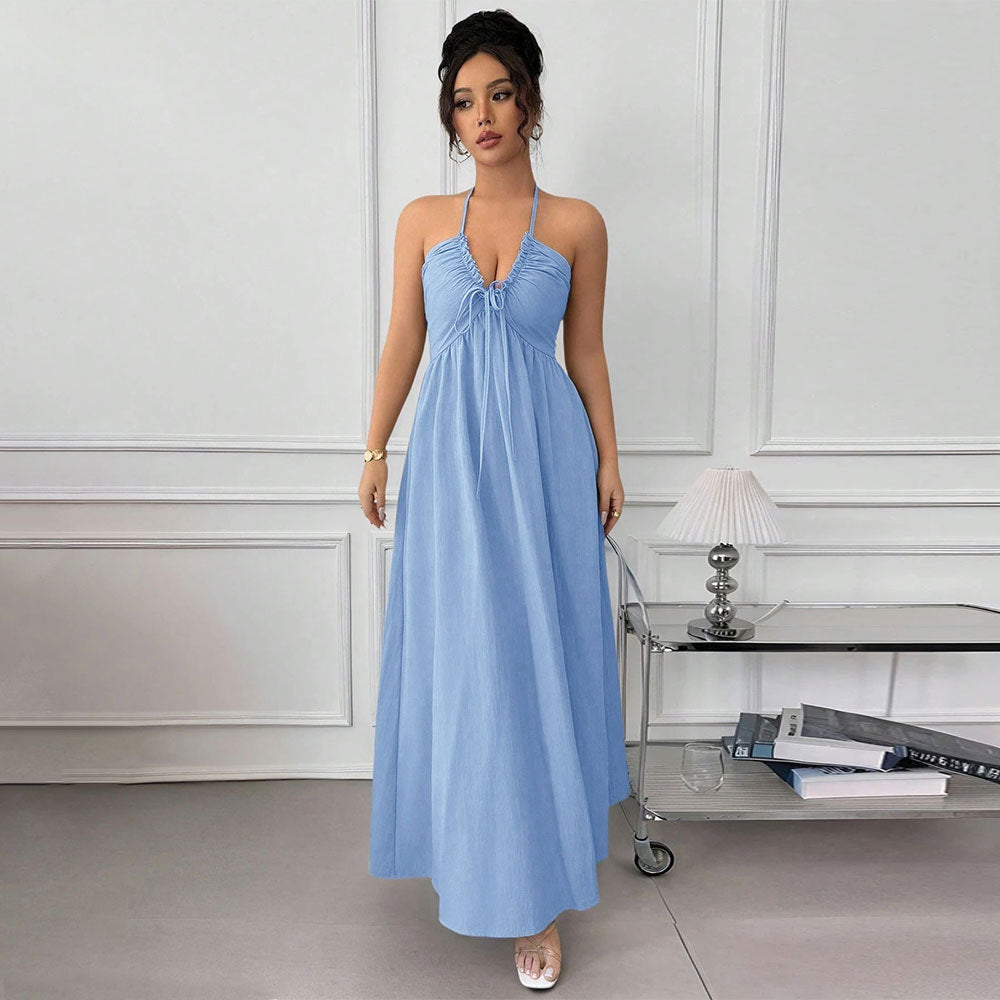 summer new arrival:  cross-border halter neck backless maxi dress - cinched waist, slimming, perfect for beach vacations