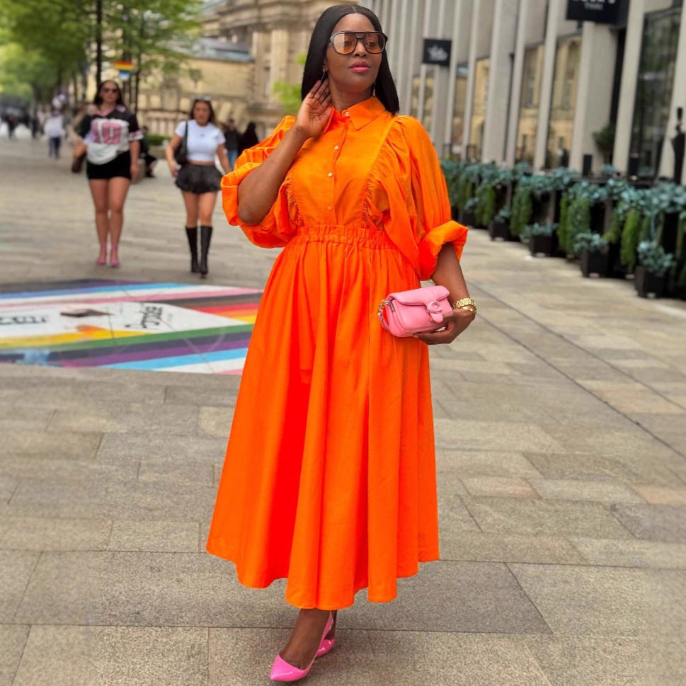 European and American large size lapel solid color long cardigan dress women's African loose foreign style fashion new long skirt tide