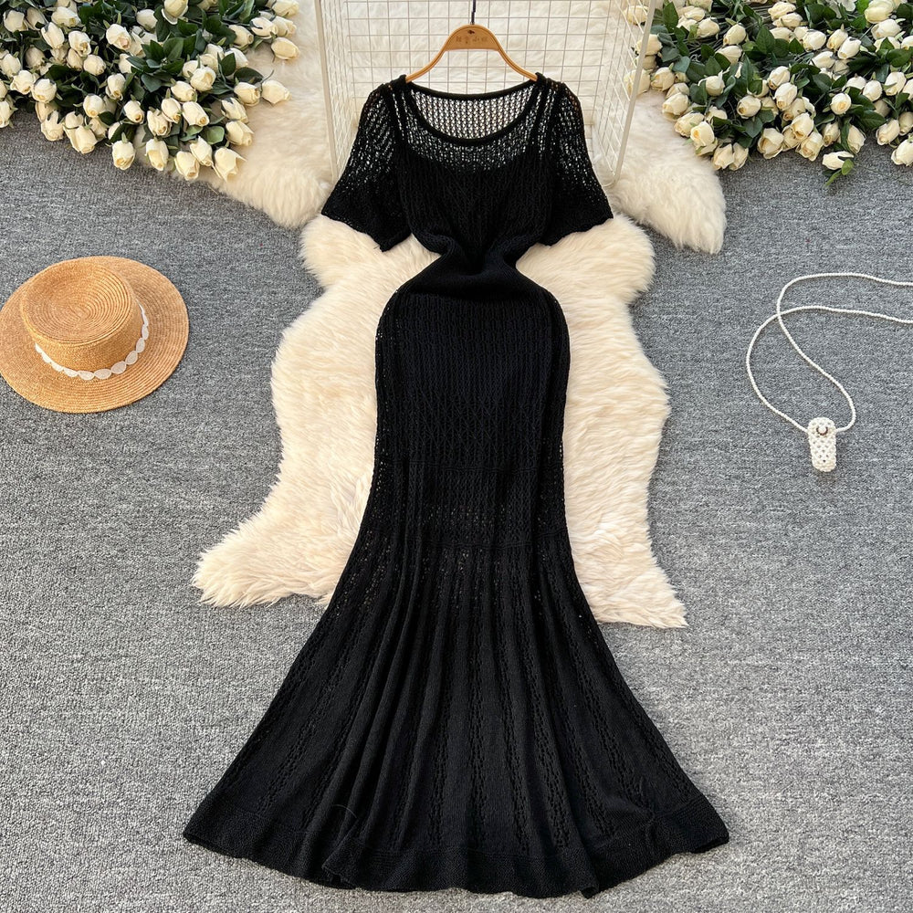 Korean style women's vacation outfit: gentle and chic crochet knit short-sleeve cardigan dress + camisole slip dress