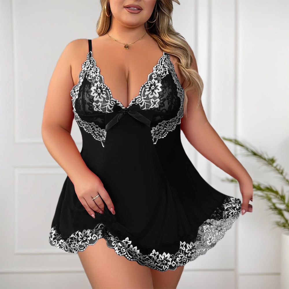 European and american hot-selling plus size lingerie: lace-trimmed see-through sexy nightgown, mesh suspender nightdress d254