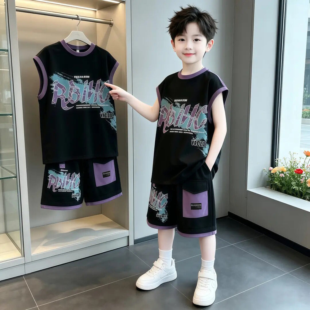 Boys' sleeveless summer outfit set,  new style, mid-to-large size, lightweight and stylish summer boys' clothing, trendy kids' sports tank top