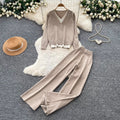 Commuting style long sleevespatchworkv neckknitting shirttwo-piece setfemale autumslimslimming lookloose pantslazysuit light and mature