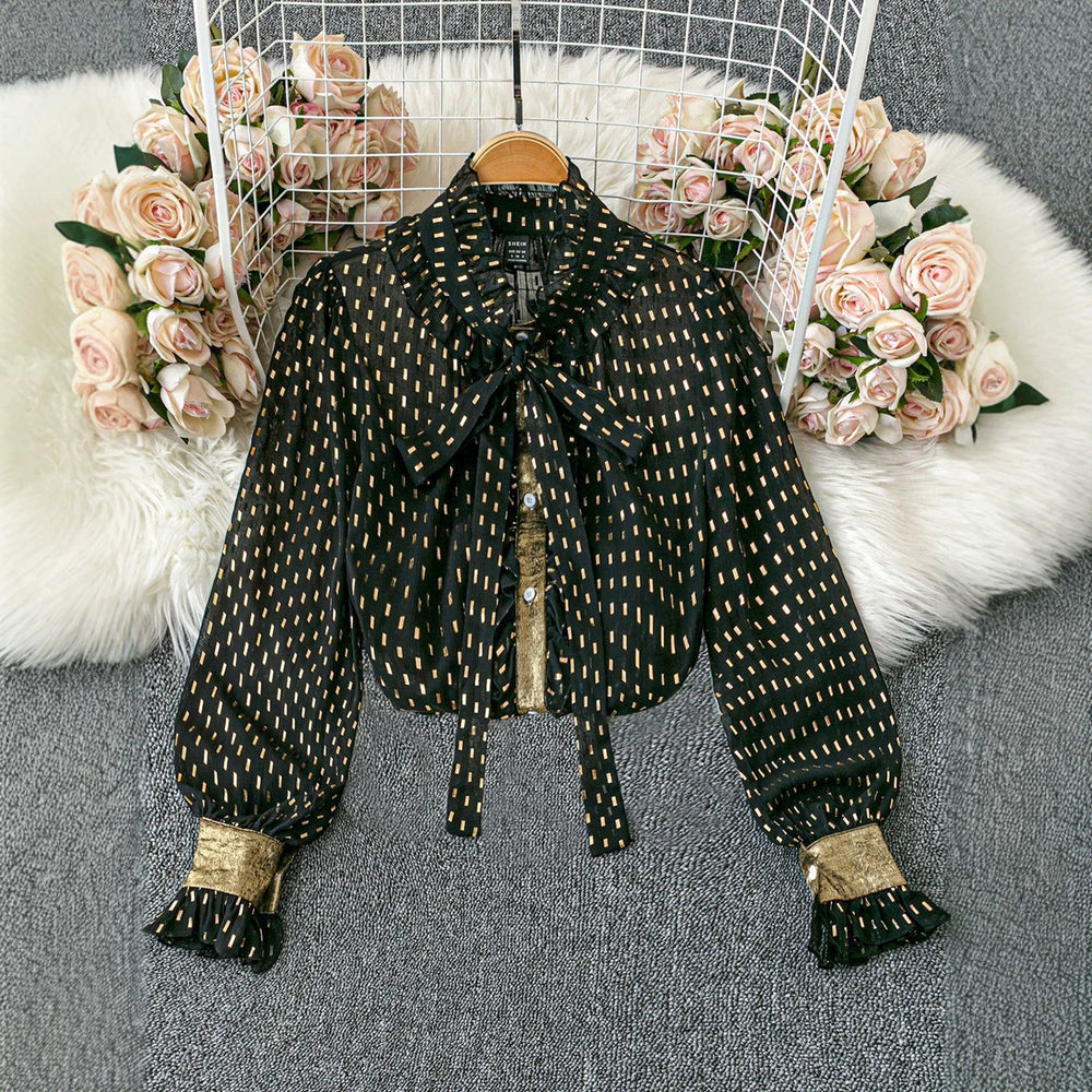 Black bottom gold printing tops collar bows fungus edge patchworkcontrast color bell sleeve short chiffon shirt