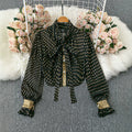 Black bottom gold printing tops collar bows fungus edge patchworkcontrast color bell sleeve short chiffon shirt