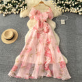 French chic high-end 3d floral ruched waist ruffle mesh dress - elegant women's evening gown maxi dress