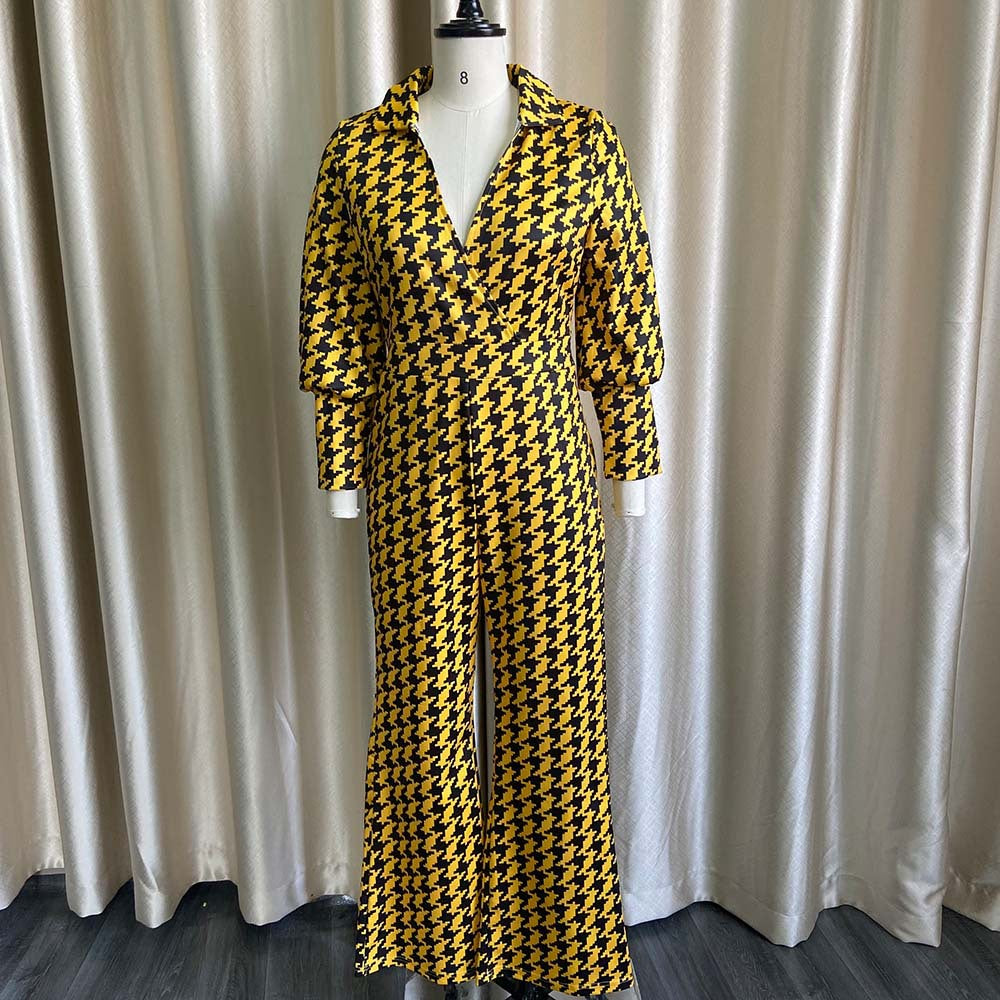 D177 european and american women's clothing independent station  spring loose elastic v neckstraight-leghigh waistelegant cross-border jumpsuit