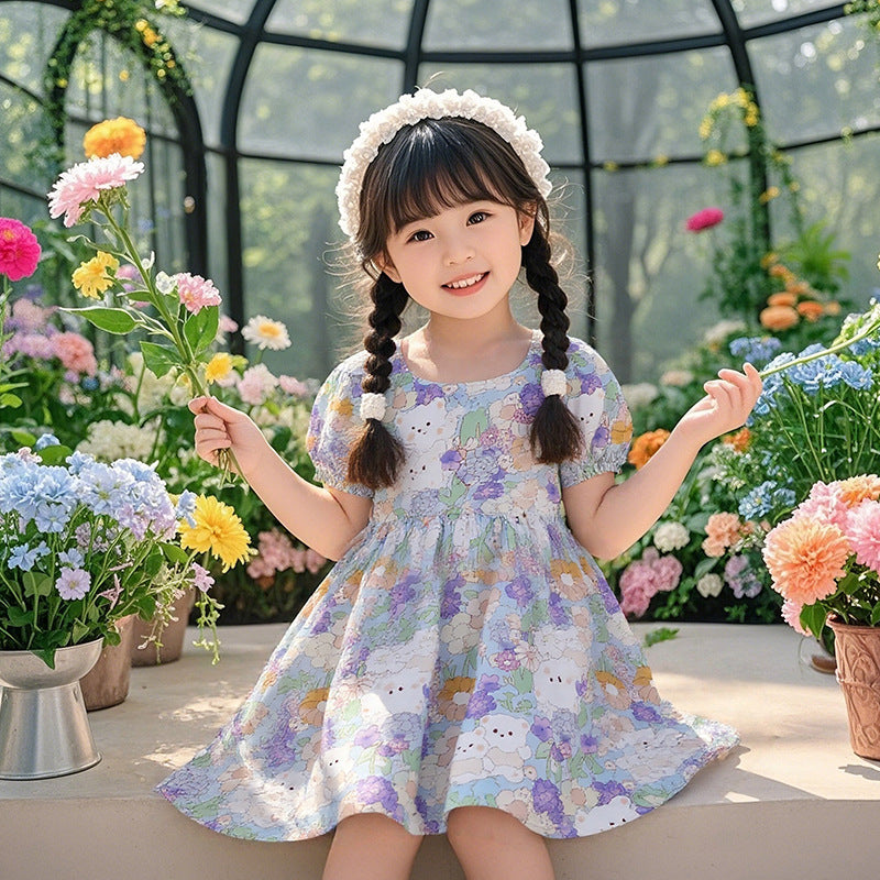Girls' summer floral dress - trendy bubble sleeve sundress for kids - stylish cartoon print dress