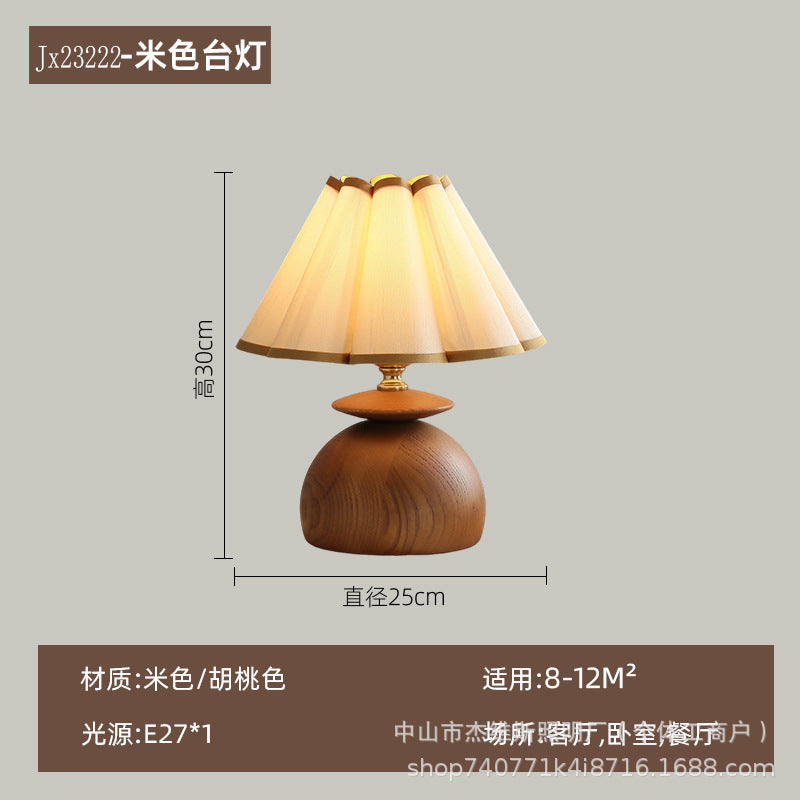 Medieval style pleated fabric double-layer log spherical base warm light table lamp b&b guest room bedroom tea room wabi-sabi style