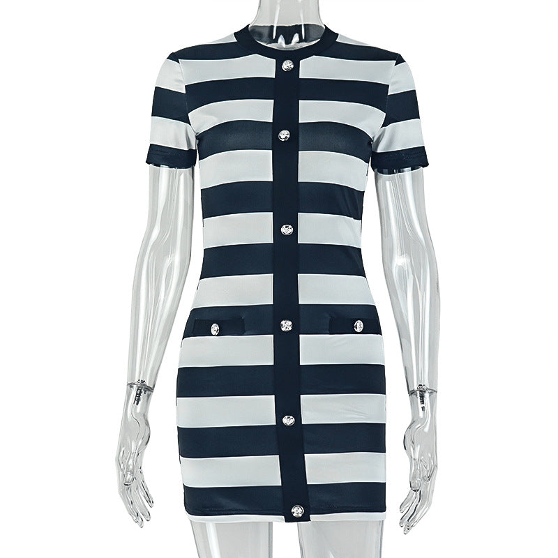Fashion cross-border black and white women's clothing stripesprinting buttons short-sleeved hip skirt round neck sexy silm trendy dress