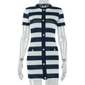 Fashion cross-border black and white women's clothing stripesprinting buttons short-sleeved hip skirt round neck sexy silm trendy dress