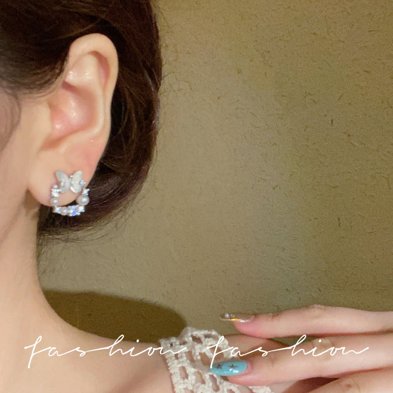 Vintage seashell butterfly pearl stud earrings - unique design, high-end elegance, delicate fairy style, petite ear accessories for women