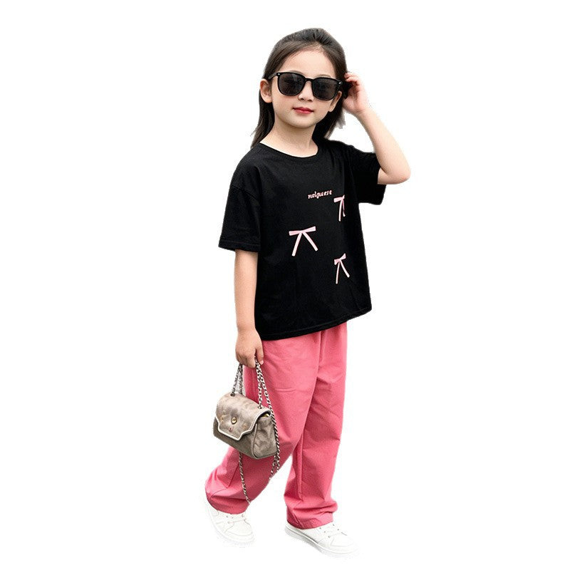 Girls' summer short-sleeve outfit:  new stylish girls' casual summer t-shirt and lightweight wide-leg pants set