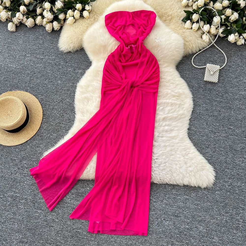 Pure desire hollow sense sleeveless tube topdress women's summer strap waist silm vacation style long skirt