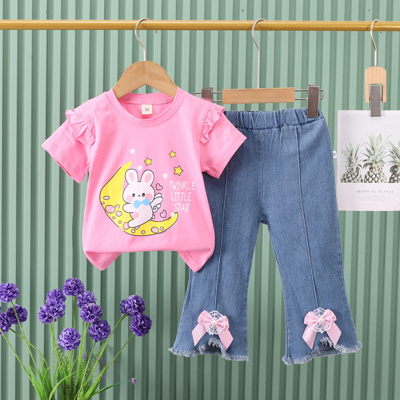 Mengyao summer suit  new arrival baby summer clothes wholesale rabbit moon trendy style medium large children two-piece set