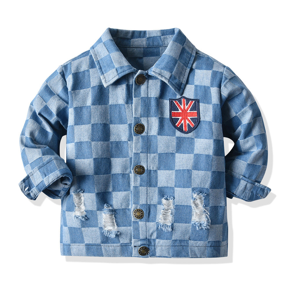 Korean style spring/autumn children's clothing new arrivals: boys' and girls' outerwear, denim jackets, kids' denim clothes, plaid embroidered jackets