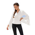 Amazon fashion pure desire v neck bell sleeve shirt  spring new style wrapped casual ruffle tops