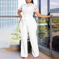 D509 european and american style  sexy lace trim cutout short sleeve tie-up high waist wide leg jumpsuit - wholesale