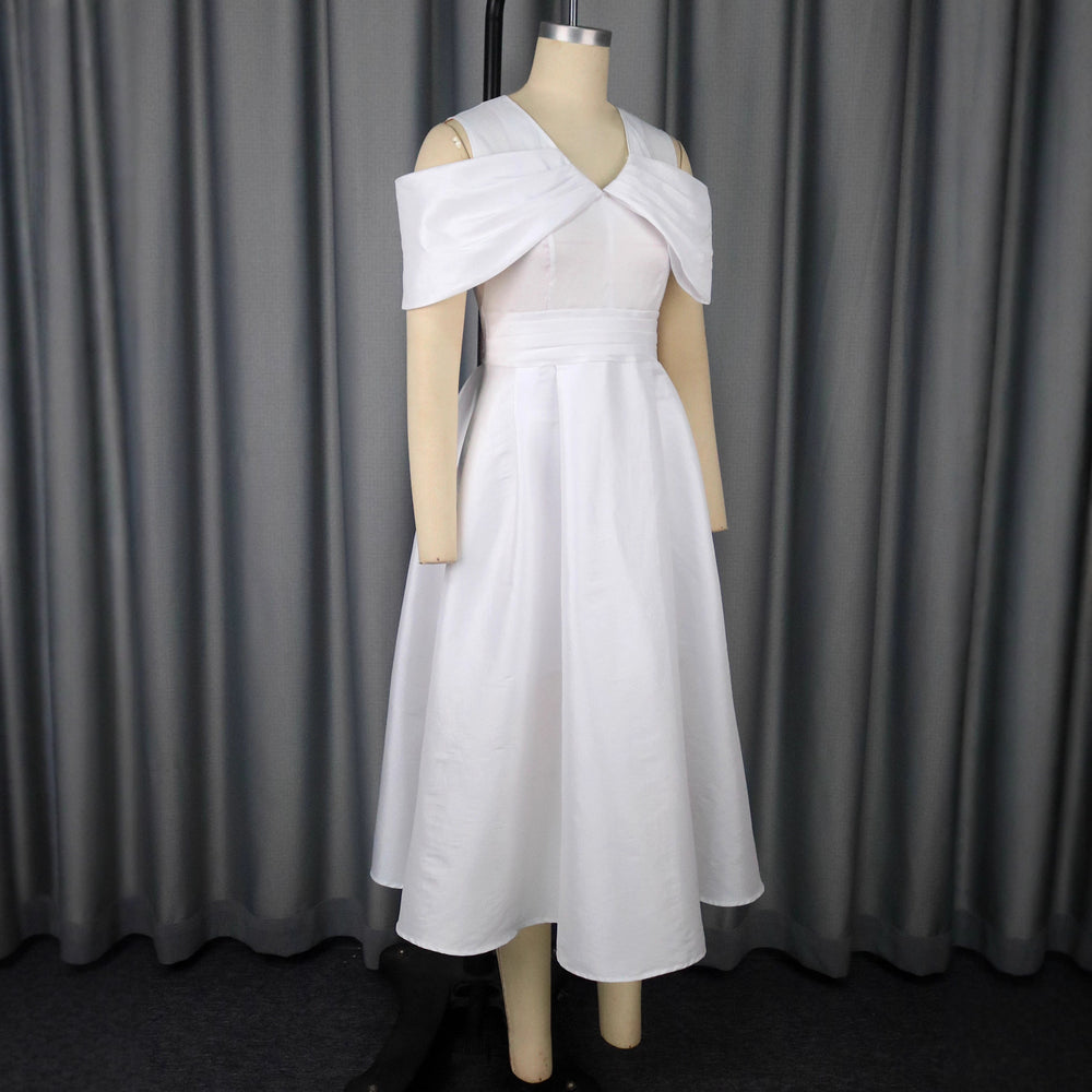 Off-the-shoulder v-neck irregular bow bridesmaid dress - slim fit a-line party dress
