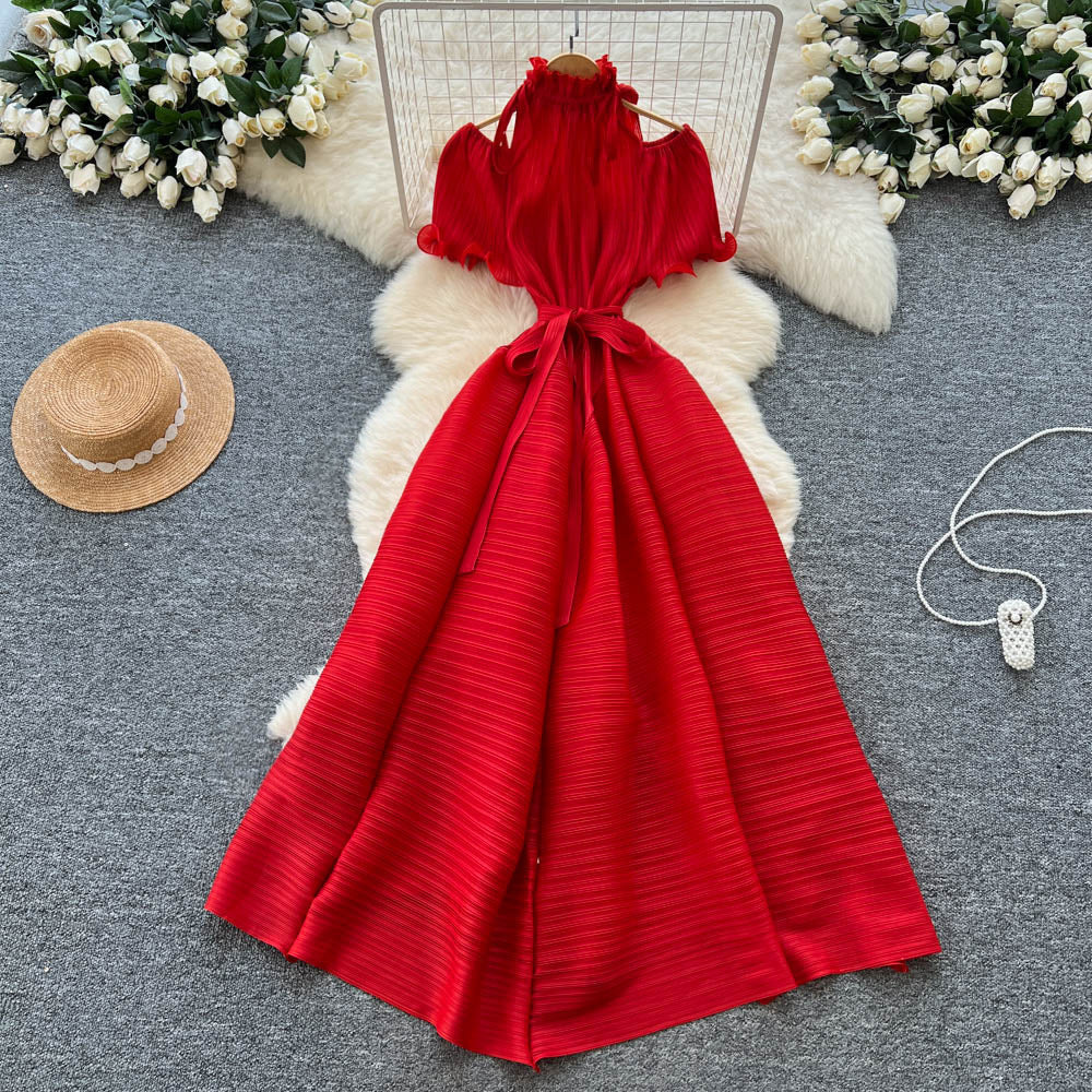 European and american style high-end short-sleeve dress for women - autumn off-the-shoulder ruffle stand collar tie-waist design - mature woman maxi dress