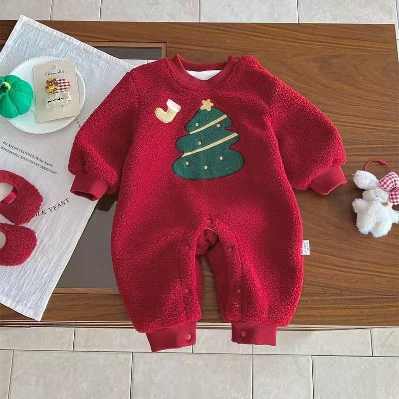Winter fleece-lined thickened super cute baby romper, adorable red new year outfit, baby lambswool crawling suit, chinese new year apparel