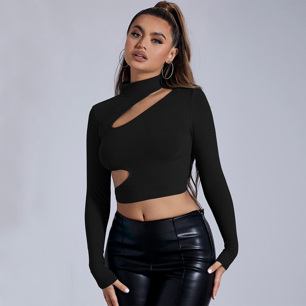 Cross-border women's clothing Europe and America 2024 autumn and winter semi-turtleneck black long-sleeved sexy T-shirt short tights
