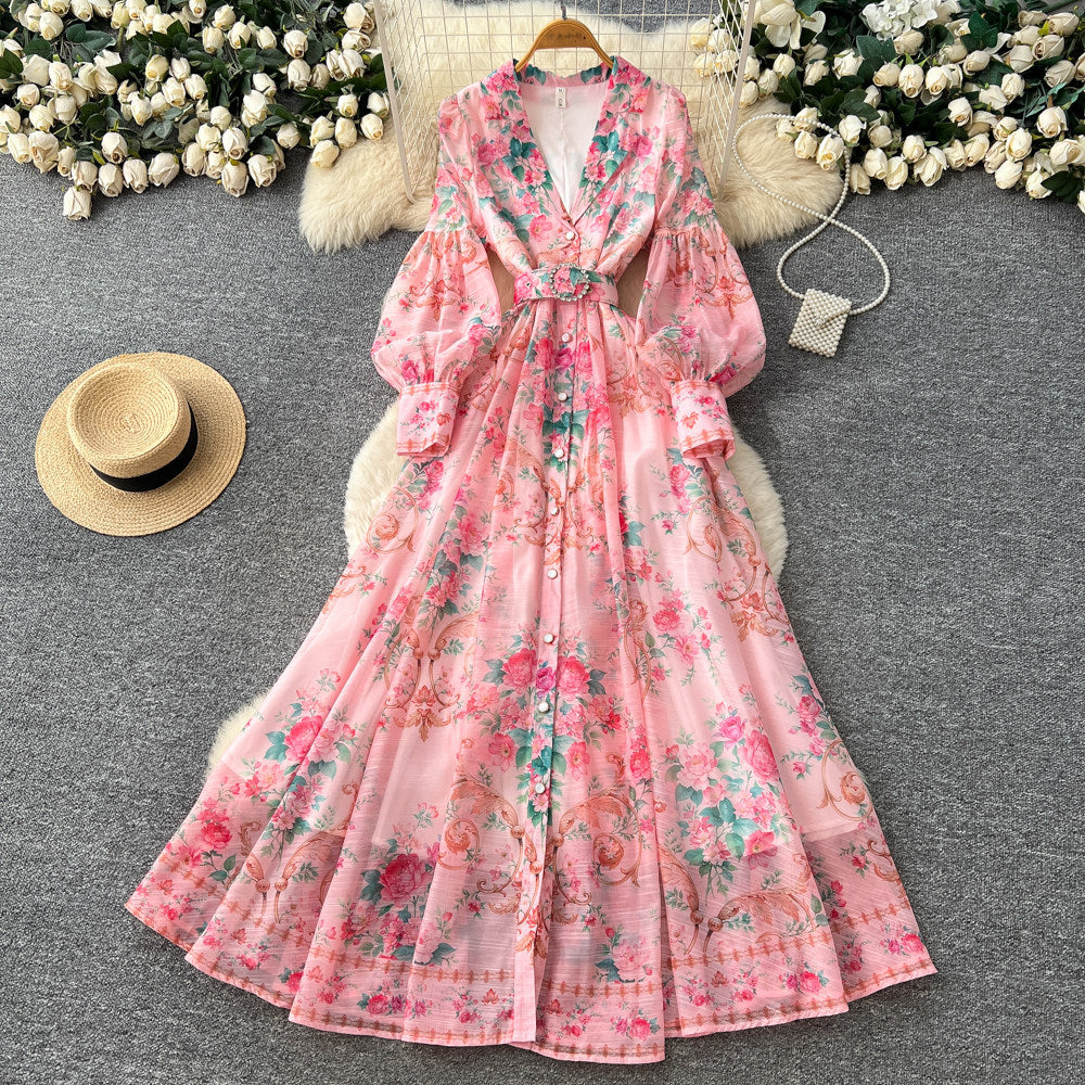 French riviera floral print flared sleeve dress - women's long sleeve tie-waist a-line maxi dress - elegant & chic