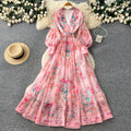 French riviera floral print flared sleeve dress - women's long sleeve tie-waist a-line maxi dress - elegant & chic