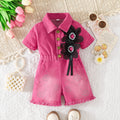 girls' denim jumpsuit - short sleeve, turn-down collar, cinched waist, pearl and floral embellishments, girls' cargo pants style
