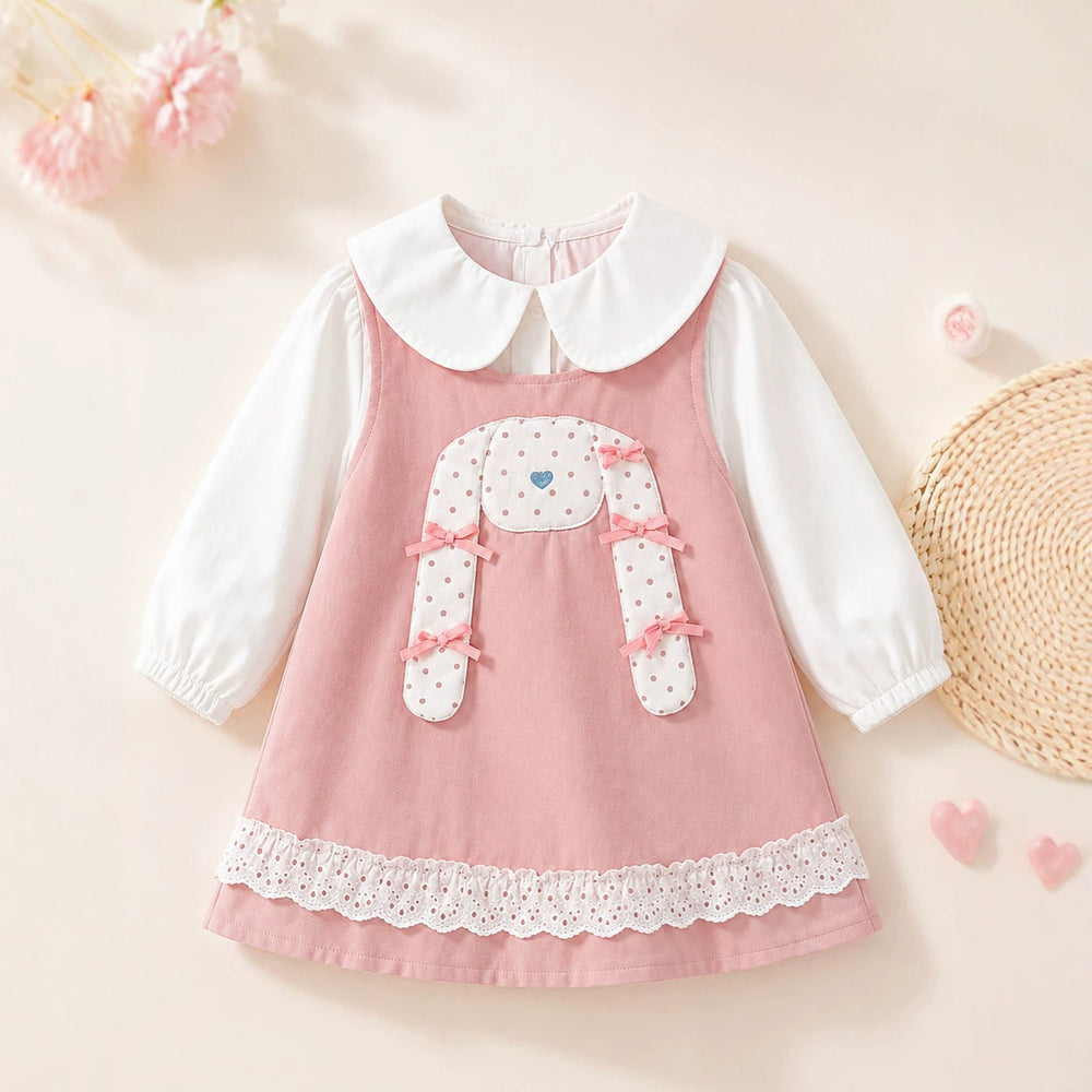 Girls' dress - spring/autumn  new collection - baby girl faux two-piece doll collar princess dress - stylish bunny dress for toddlers