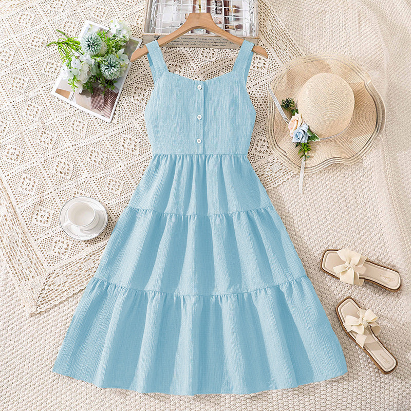 children's spring/summer new arrivals: european and american style fashionable casual camisole dress with open back, bow detail, cinched waist, and flared skirt