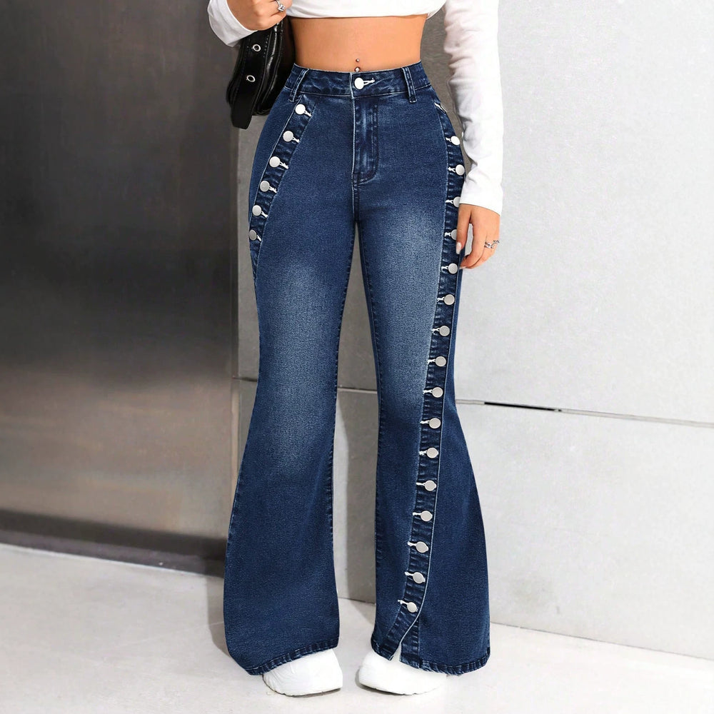 Fashionjeans women's side-breasted slit slightly flared pants dark blue washed elastic silm showing leg length hot girl pants