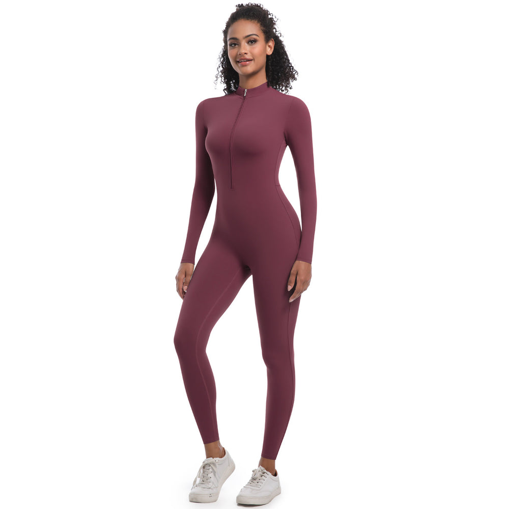 European and american style zipper nude feel long sleeve bodysuit yoga outfit - quick dry, compression, high-intensity running fitness activewear for women