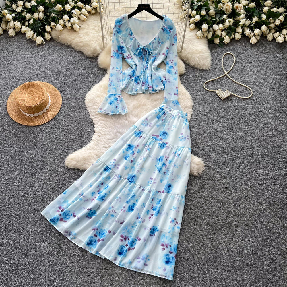French romantic rose floral two-piece set for women - spring v-neck floral print lantern sleeve slimming chic outfit