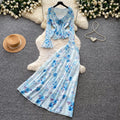 French romantic rose floral two-piece set for women - spring v-neck floral print lantern sleeve slimming chic outfit