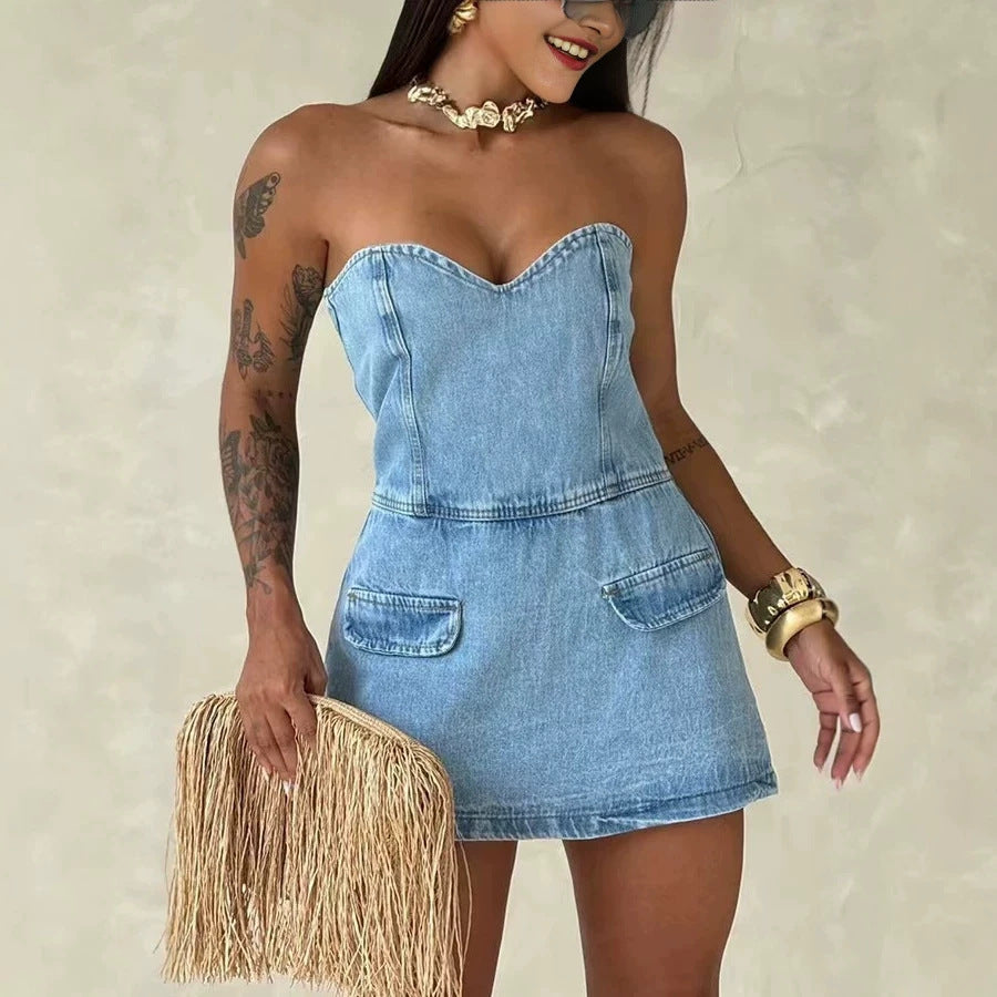 fashionnew arrivalexport sexytube top jumpsuit back zipper tube denim jumpsuit shorts for women