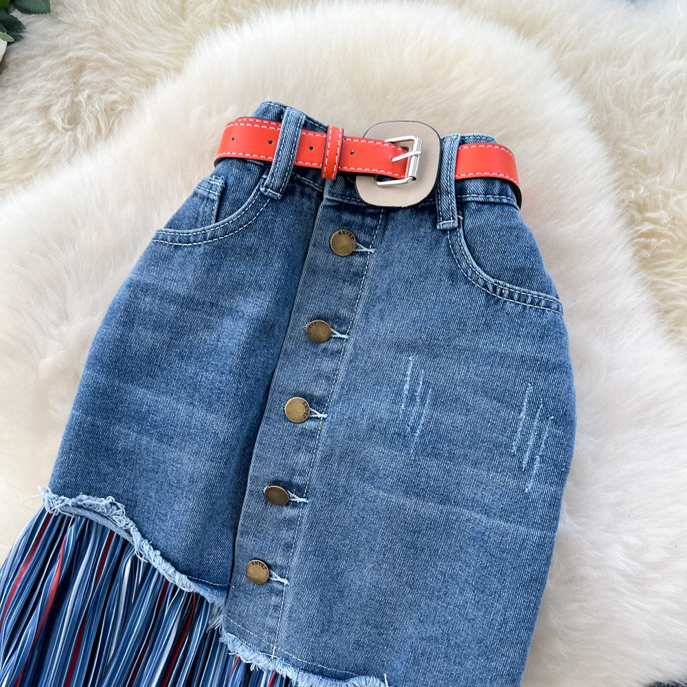 Korean style patchwork striped color block denim midi skirt - women's designer high waist slimming a-line skirt - versatile workwear