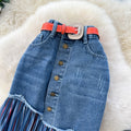 Korean style patchwork striped color block denim midi skirt - women's designer high waist slimming a-line skirt - versatile workwear