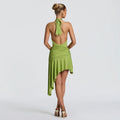 European and american style women's summer  new collection: halter neck deep v sexy backless top with asymmetrical pleated midi skirt set