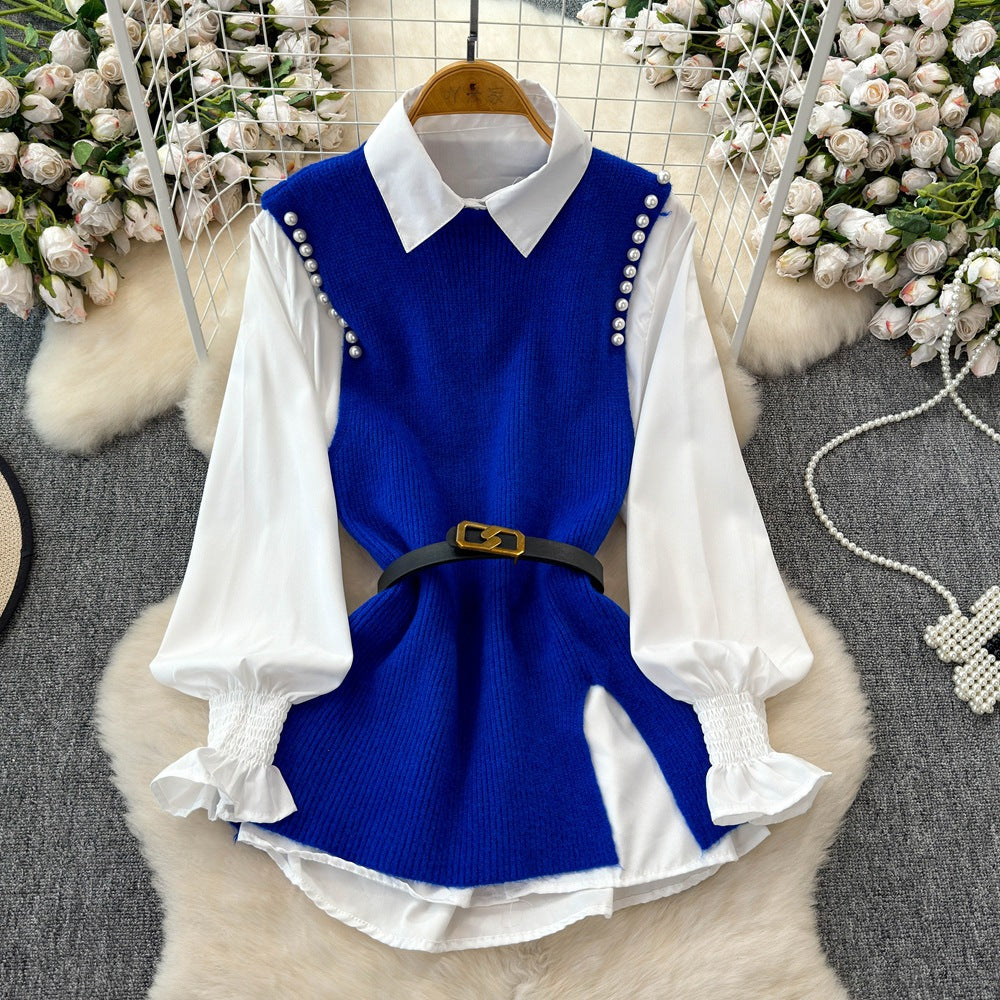 Autum shirt shirt plus knittingvesttwo-piece set female classy sense tweed style foreign style age reduction petitessuit