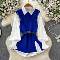 Autum shirt shirt plus knittingvesttwo-piece set female classy sense tweed style foreign style age reduction petitessuit