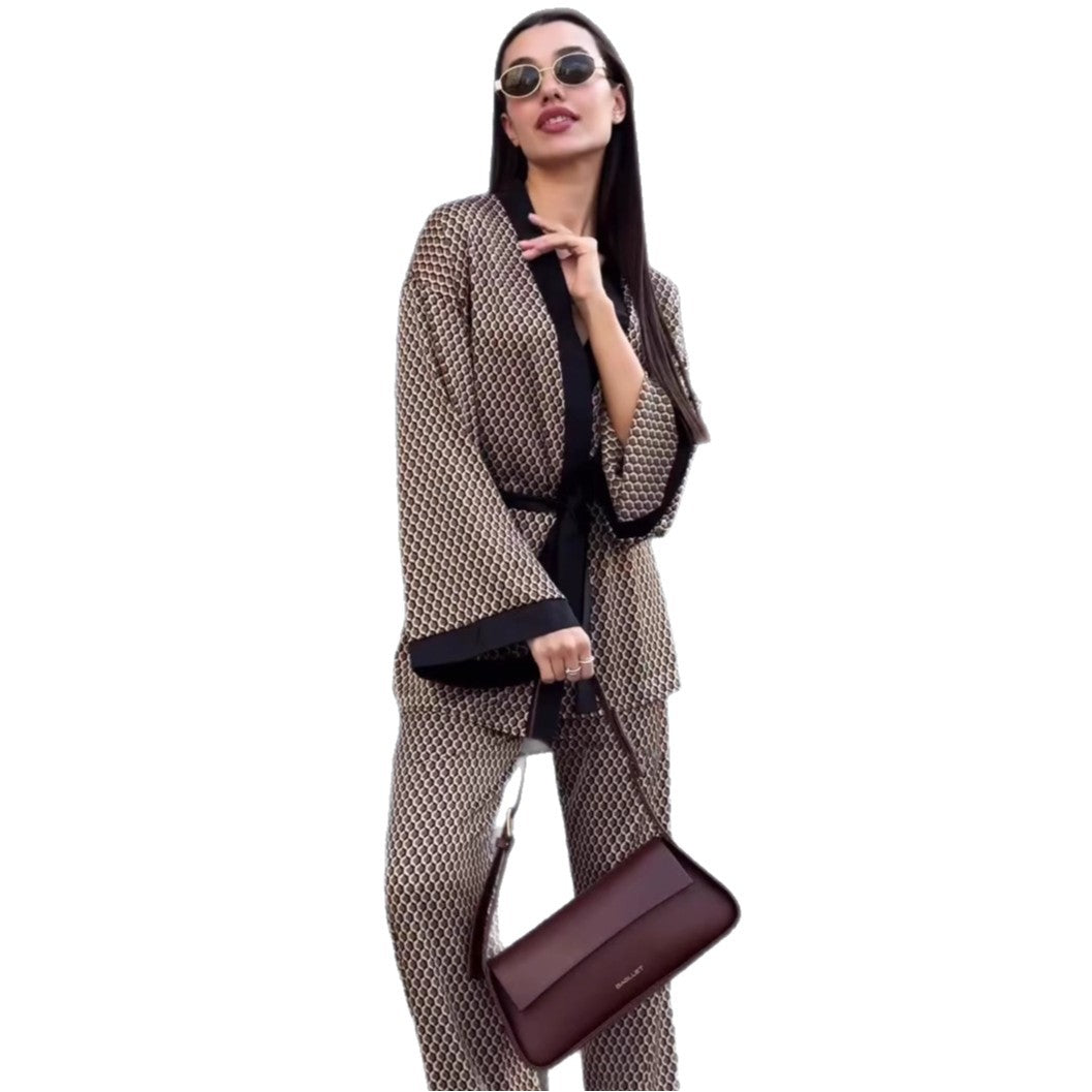 European and American large-size contrasting color printed cardigan shirt casual trousers   women's clothing new foreign style two-piece set women