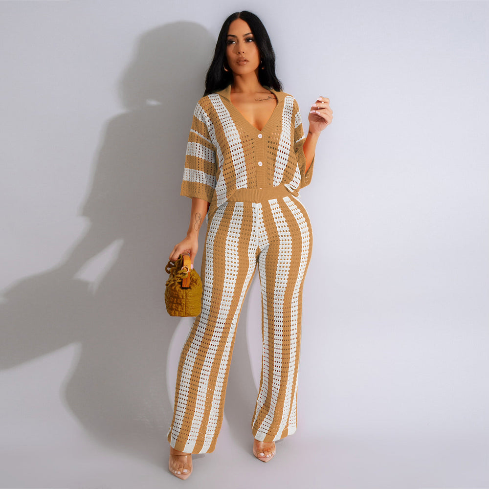 Amazon hot selling european and american women's sexy v neck cut outstripes lapel knitting wide pants suit