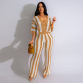 Amazon hot selling european and american women's sexy v neck cut outstripes lapel knitting wide pants suit