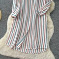 Korean style retro loose striped shirt dress - summer long sleeve a-line midi dress - chic workwear outfit