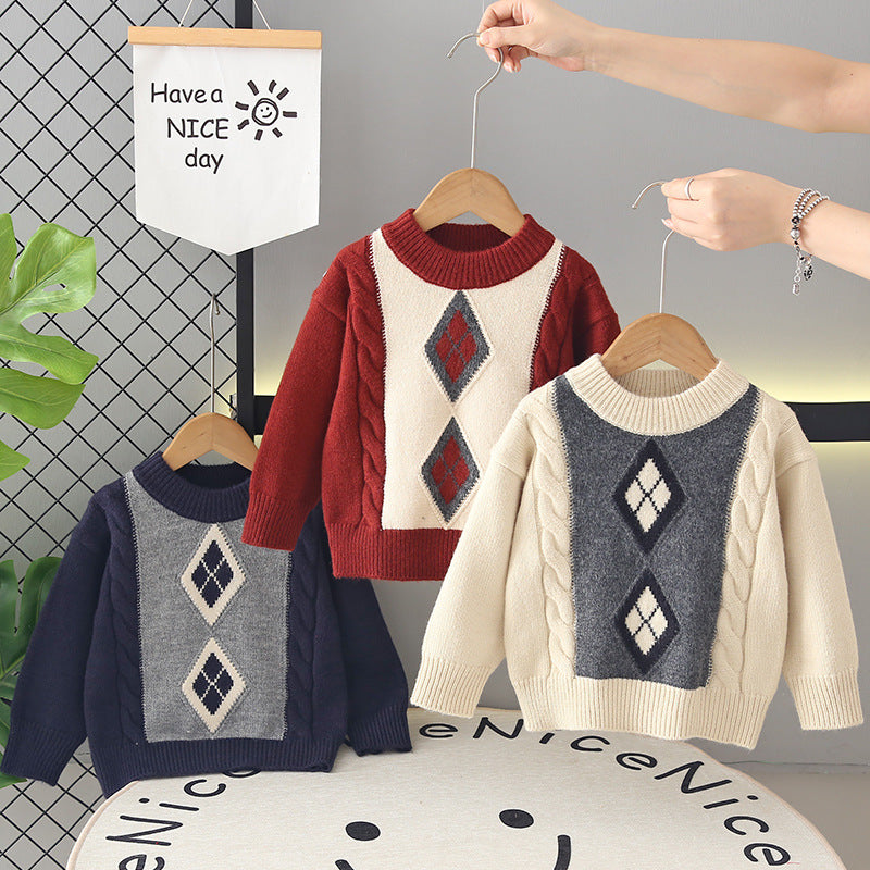 Kids' fleece-lined sweater:  winter collection - thickened pullover knit top, korean style, boys' crew neck wool sweater
