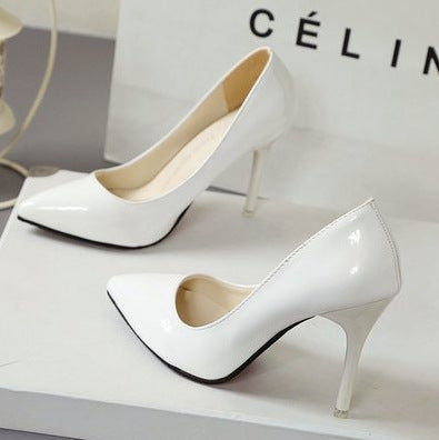 European style nude stiletto heels pointed toe black work pumps women's patent leather blue plus size shoes red wedding shoes