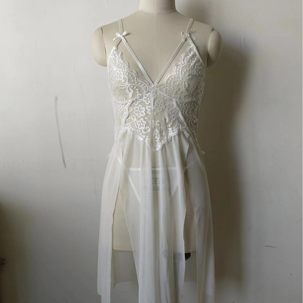fashion sexyintimates wholesale women's sexylace mesh patchwork suspender slit thin long skirt nightgown