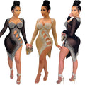 S390167 cross-border women's cut outsexy mesh hot diamond long-sleeved dress fashion one-step skirt for women