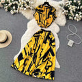 European and american cross-border fashion women's clothing  autumn new french-style design printed top and pleated skirt set with cinched waist