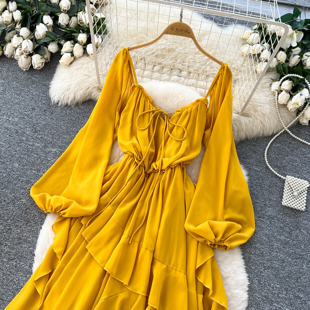 French riviera style square neck puff sleeve dress - women's summer yellow ruffle trim, slim fit, maxi swing dress